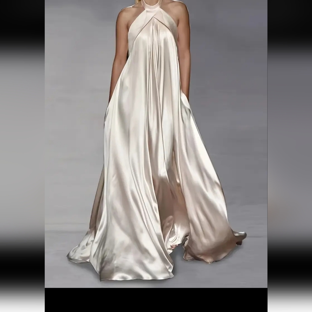 Elegant Cream Halter Neck Gown Formal Maxi Color Beige Woman Dress Flattering